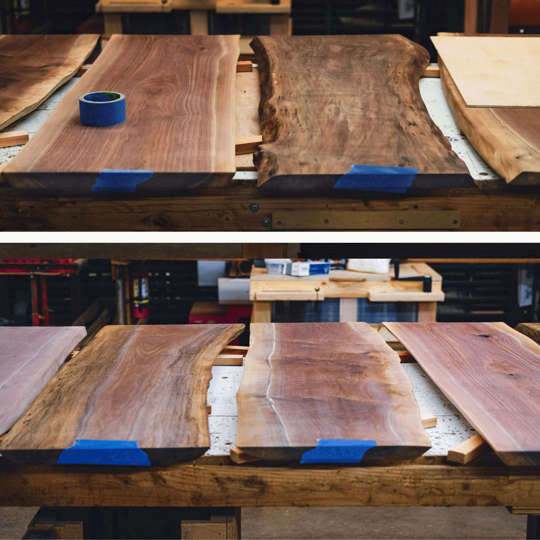 Two images of wooden slabs with blue tape on a workshop background